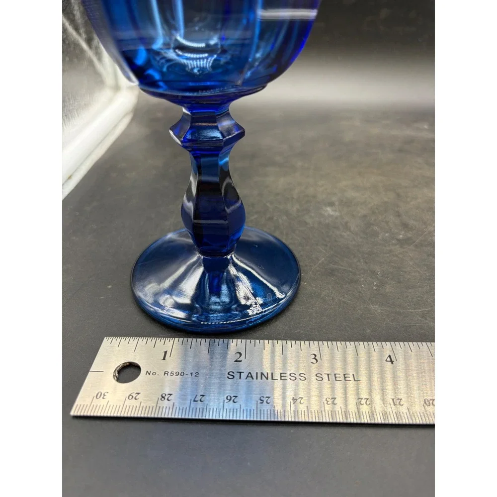 Vintage Cobalt Blue Glass Water Goblets Set of 4 Paneled Stemware 7 Inch